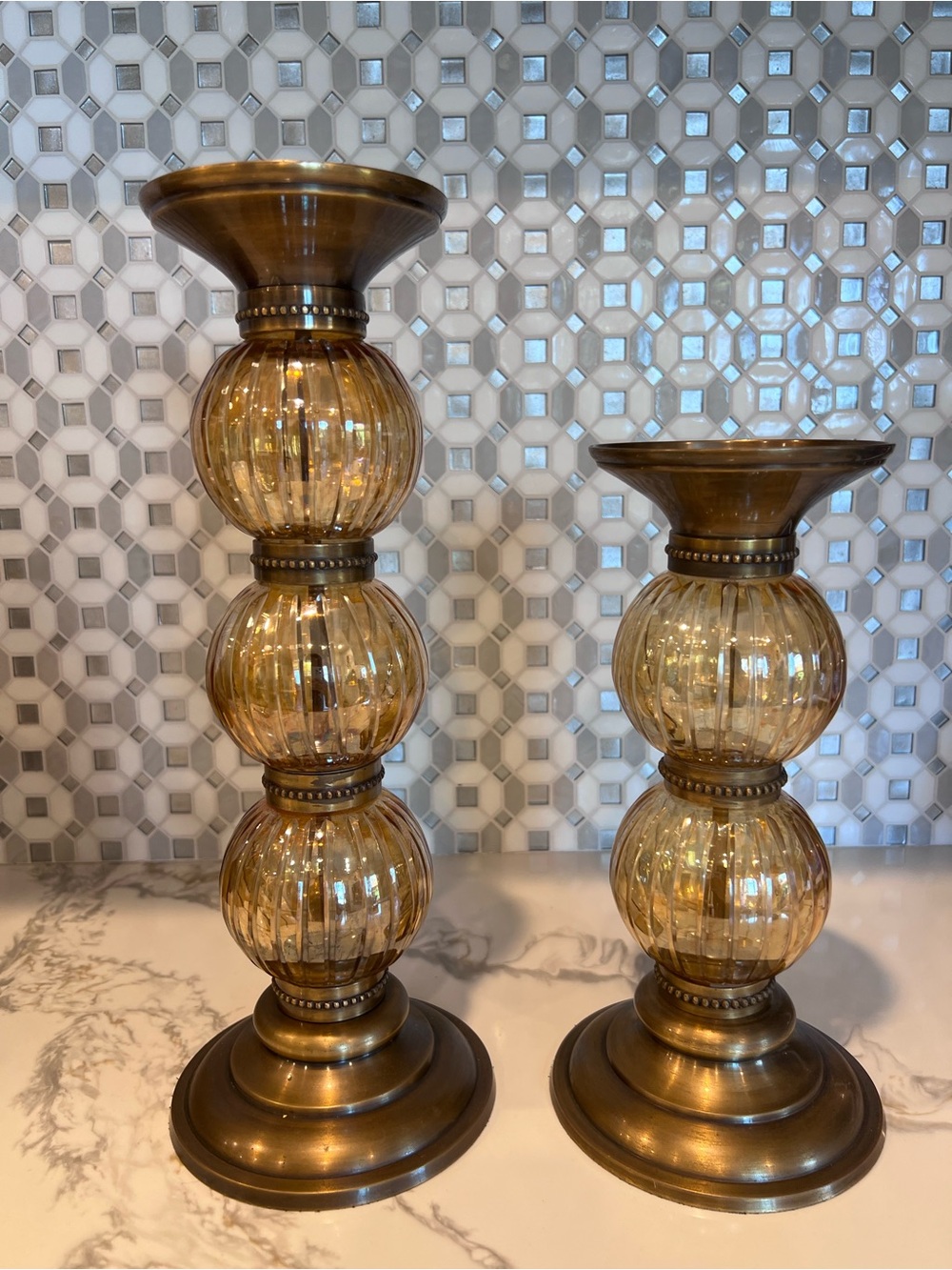Vtg Bombay Luster Glass Ball Brass Pedestal Candlestick Holder India Set of 2